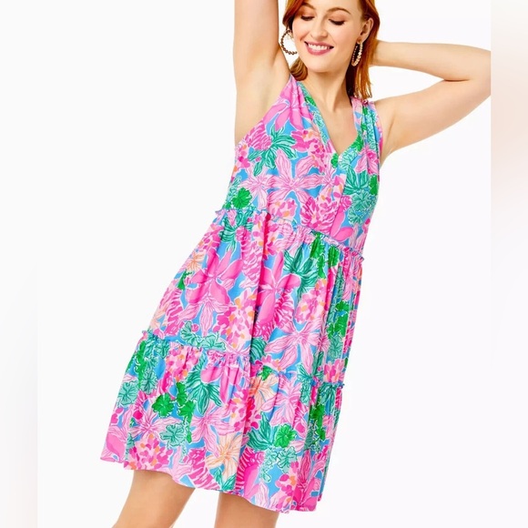 Lilly Pulitzer Dresses & Skirts - Lilly Pulitzer Lorina Floral V-Neck Tiered Swing Dress in Multi Tigers Lair xxs